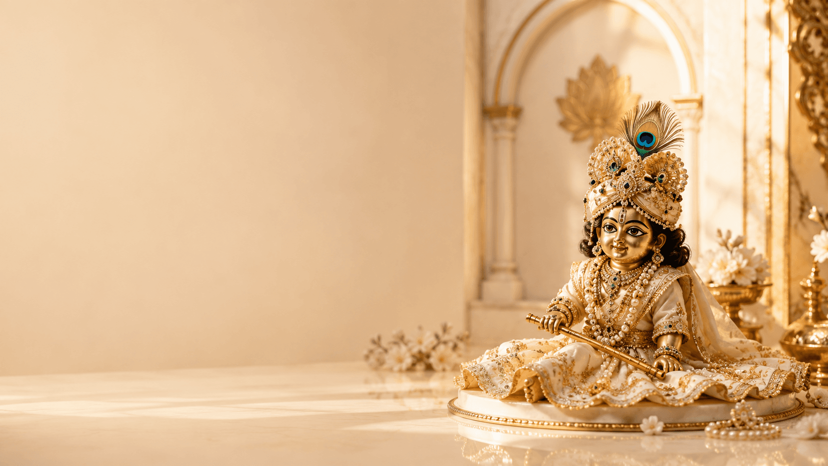 Premium devotional Laddu Gopal shringaar arranged in a warm Braj inspired setting